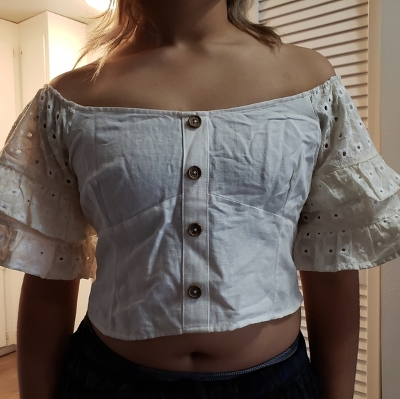 𝅺ZARA Beige embroidered ruffled sleeves, crop top,  size L. - Picture 1 of 16